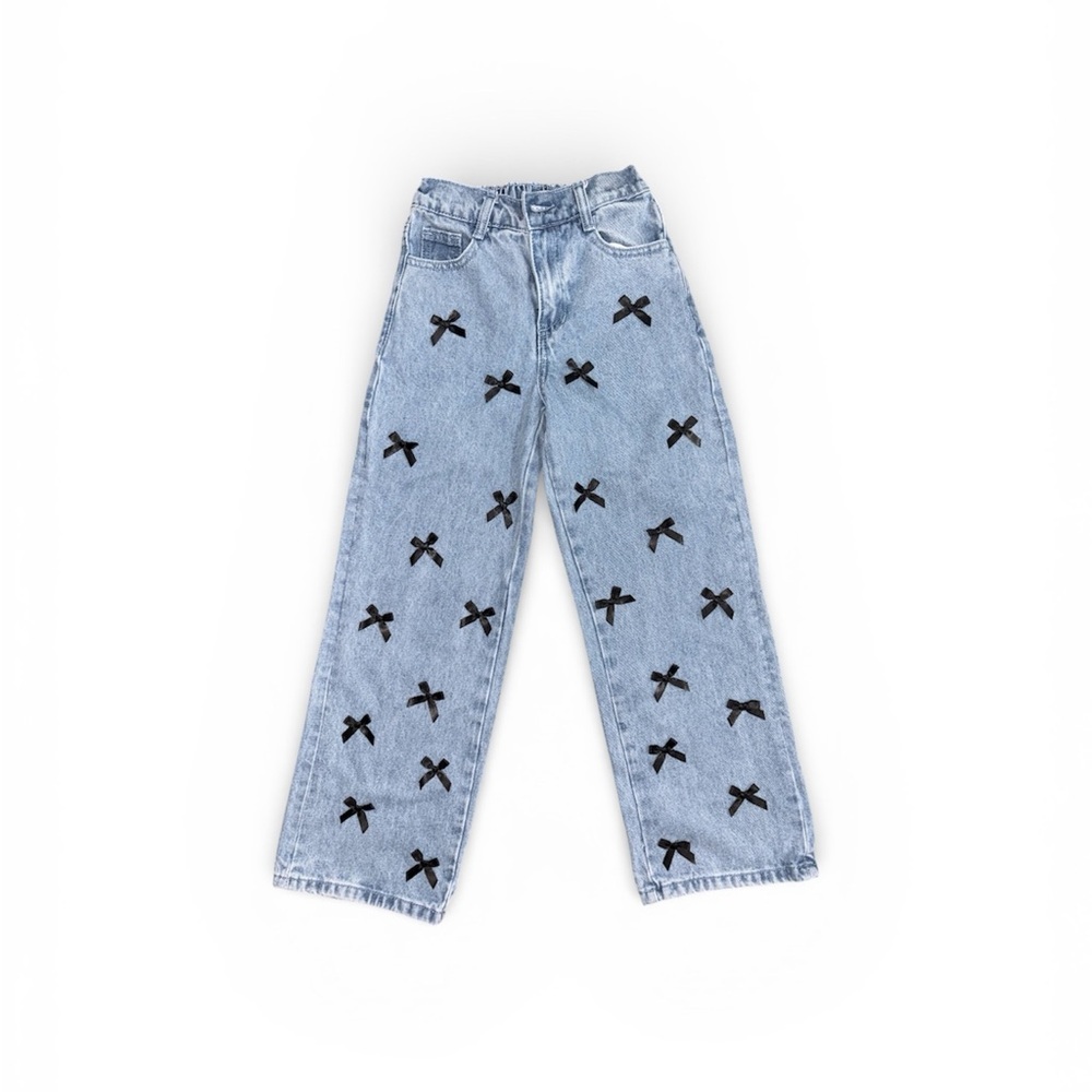168. Kids Blue Jeans with Black Bow Pattern Size 8 Girls